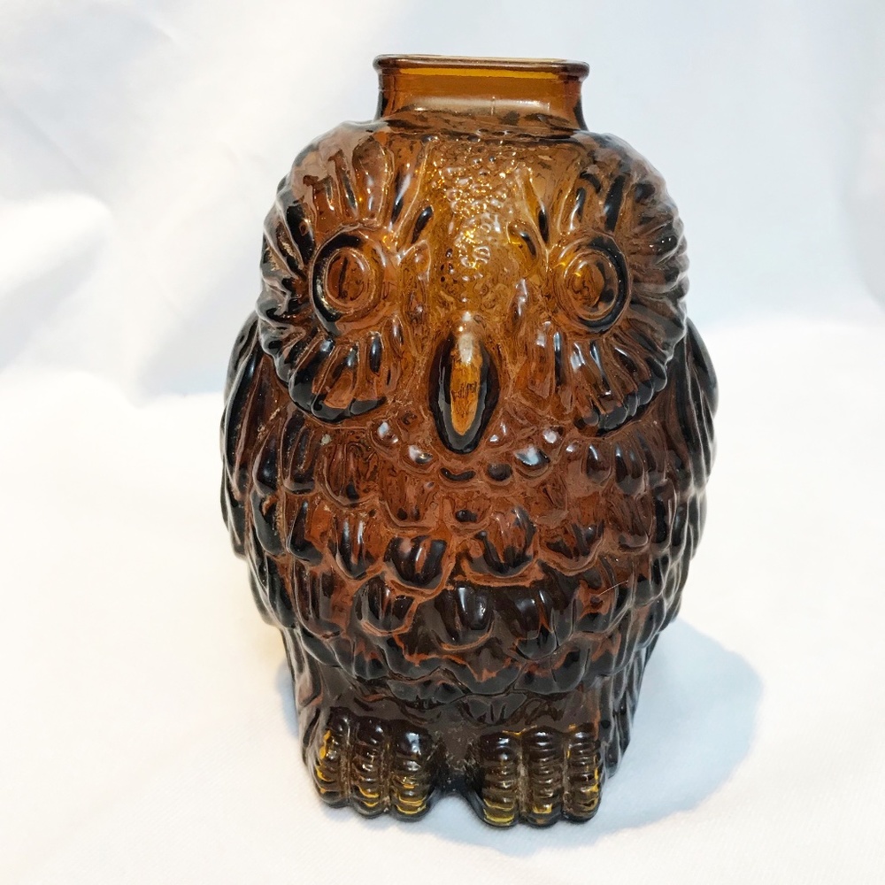 Wise Old Owl Vintage Amber Glass Bank